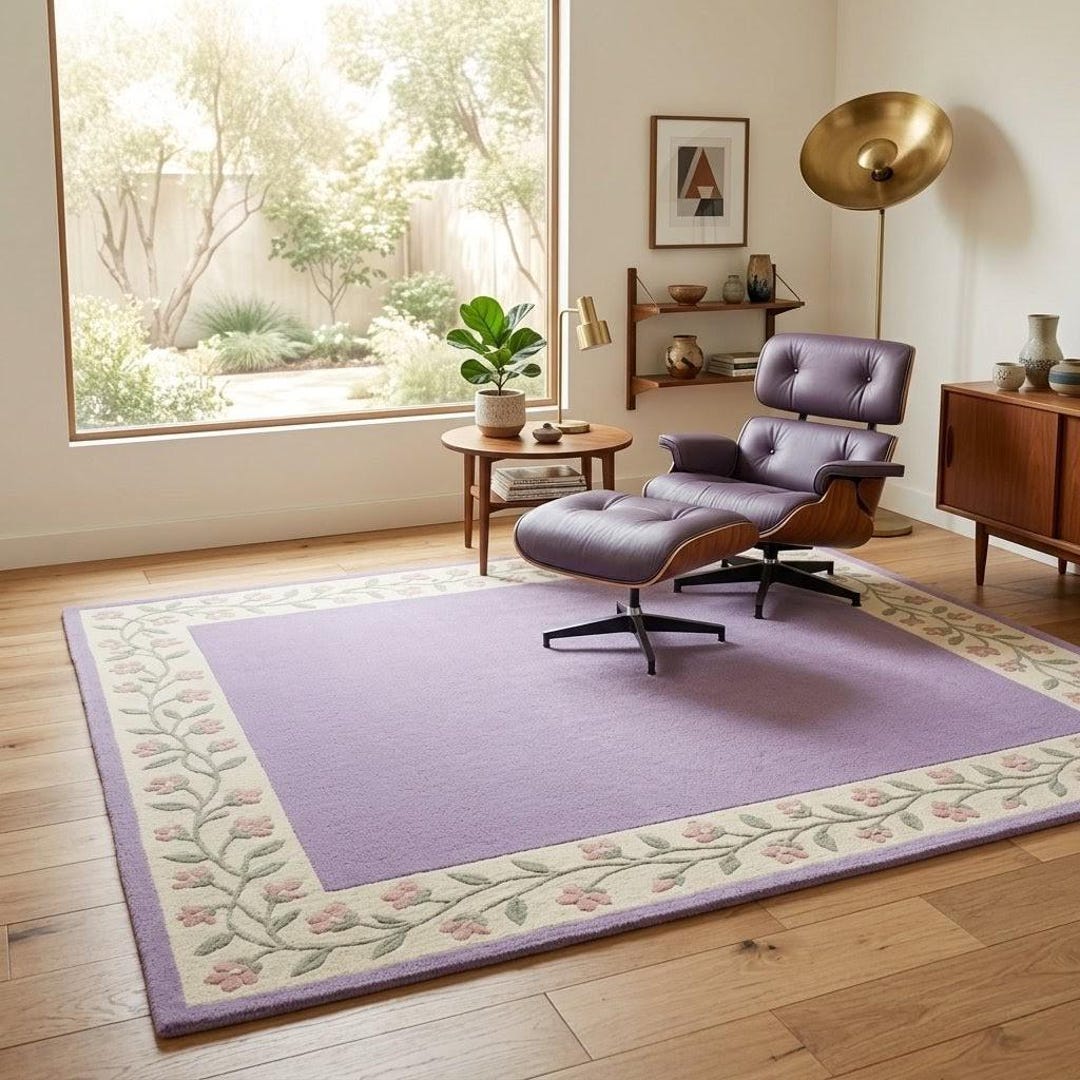 Lilac Rugs Pattern Lavender Wool Rug With Floral Border, Handmade Sculpted Lilac Area Rug ...