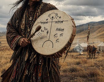 Handcrafted Shaman Drum, 47cm Goat Skin, Turkish State Artist, Folk Art Beater