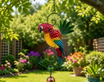 Campana de viento con forma de loro para exteriores, colorida decoración de jardín con pájaros, campanillas de viento de metal colgantes, regalo para mamá amante de los pájaros, decoración para patio o porche.