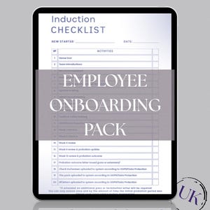 Puede incluir: Una tableta digital que muestra una lista de verificación de inducción para un nuevo empleado, con una lista numerada de veinte actividades. El documento incluye campos para el nombre y la fecha, con el texto superpuesto EMPLOYEE ONBOARDING PACK.
