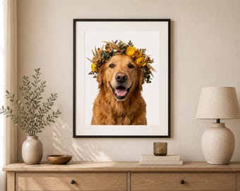 Lámina con retrato de Golden Retriever con corona floral, arte mural para perros