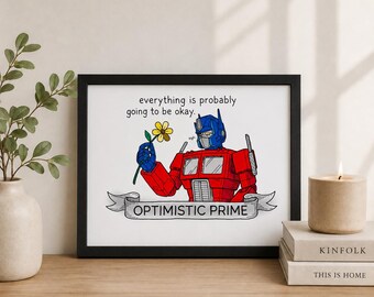 Póster decorativo de Prime Robot sosteniendo una flor, enmarcado o sin enmarcar, o descarga digital.