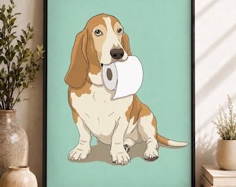 Divertido estampado de papel higiénico con diseño de Basset Hound para el baño, póster de perro original