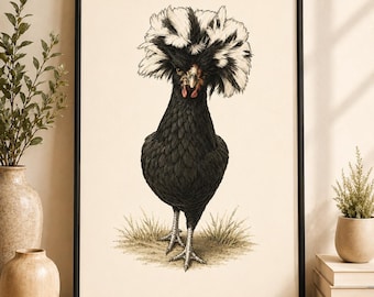Lámina artística de gallina polaca, decoración de cocina rústica vintage.
