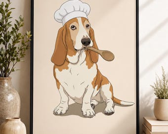 Póster de Basset Hound como sous chef / Arte de cocina con perros de fantasía