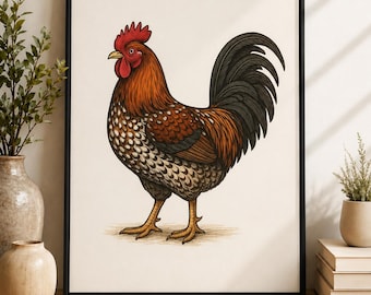 Lámina de gallo Sussex moteado, arte de pared para cocina de estilo rústico, ilustración de gallina rústica, decoración campestre