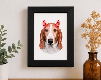 Lámina decorativa de un Basset Hound con cuernos de diablo (impresa o descarga digital), con o sin marco.