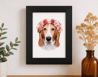 Lámina decorativa o descarga digital de un Basset Hound con corona de flores.