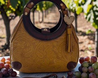 Mustard Embossed Leather Handbag with Cherry Wood Handle – Handmade