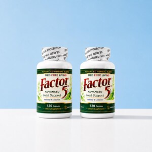 May include: Two white supplement bottles with green and red labels. The labels read "Factor 5 Advanced Joint Support" and "120 Capsules". The bottles are sealed with a white top that reads "For Protection". The background is a light blue.