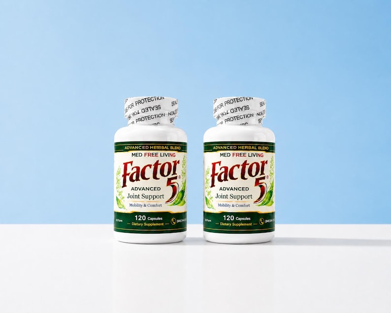 May include: Two white supplement bottles with green and red labels. The labels read "Factor 5 Advanced Joint Support" and "120 Capsules". The bottles are sealed with a white top that reads "For Protection". The background is a light blue.