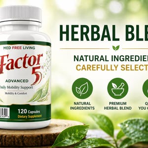May include: A white bottle of Factor 5 capsules with a green and red label, displayed on a wooden surface. The label includes the text "ADVANCED Daily Mobility Support" and "120 Capsules". The background features green leaves and the words "HERBAL BLEND".