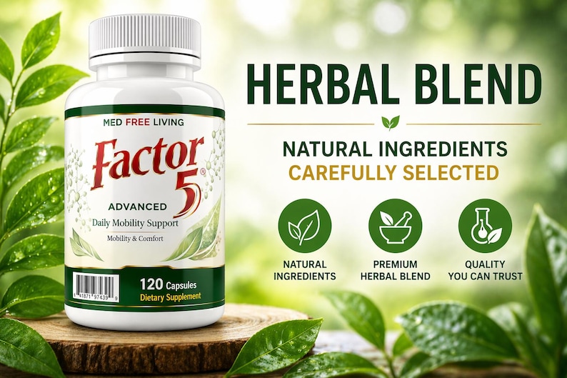 May include: A white bottle of Factor 5 capsules with a green and red label, displayed on a wooden surface. The label includes the text "ADVANCED Daily Mobility Support" and "120 Capsules". The background features green leaves and the words "HERBAL BLEND".