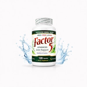 May include: A white bottle of Factor 5 Advanced Joint Support capsules. The label features the text "Advanced Herbal Blend" and "Med Free Living". The bottle is surrounded by water splashes. Contains 120 capsules.