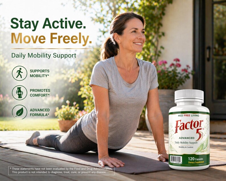 May include: A woman doing yoga next to a bottle of Factor 5 Advanced Daily Mobility Support. The bottle is white with red and green text. The image includes the text "Stay Active. Move Freely."
