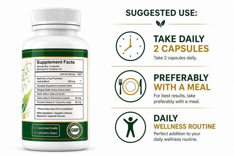 May include: A white supplement bottle with a green and gold label. The label lists ingredients and supplement facts. The bottle is shown with text that says "Take daily 2 capsules" and "Preferably with a meal".