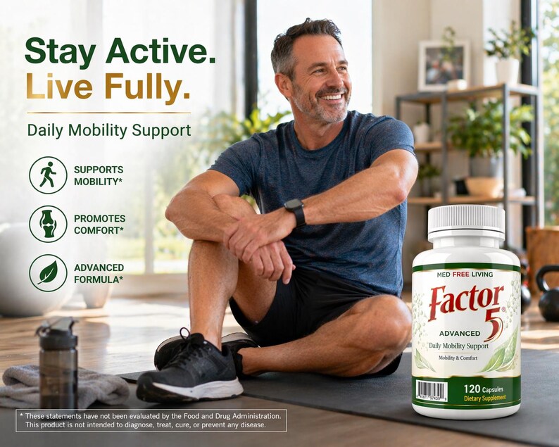 May include: A man sits near a bottle of Factor 5 Advanced Daily Mobility Support. The bottle is white with a red and green label, and contains 120 capsules. Text on the label includes "Supports Mobility," "Promotes Comfort," and "Advanced Formula."