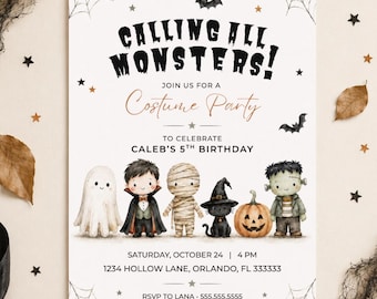 Puede incluir: Una tarjeta de invitación de cumpleaños rectangular con temática de Halloween con el texto CALLING ALL MONSTERS! JOIN US FOR A Costume Party TO CELEBRATE CALEB'S 5TH BIRTHDAY. Incluye ilustraciones en acuarela de un fantasma, vampiro, momia, gato, calabaza y monstruo.