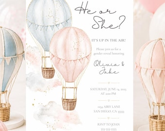 Puede incluir: Una tarjeta de invitación para revelación de género con ilustraciones en acuarela de globos aerostáticos azul claro y rosa pálido con detalles dorados, nubes y el texto: He or She? IT'S UP IN THE AIR! Please join us for a gender reveal honoring Olivia & Jake.