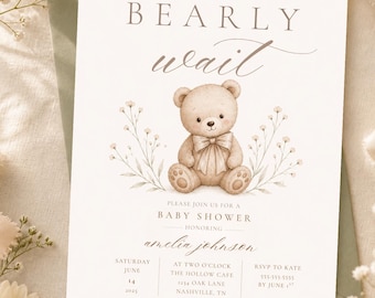 Puede incluir: Invitación a baby shower con un oso de peluche en acuarela y elementos florales. El texto dice "We can bearly wait" e incluye los detalles del baby shower para Amelia Johnson.