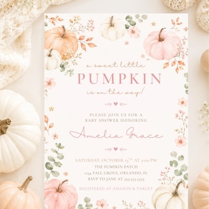 Inbjudan till pumpa-babyshower, söt liten pumpa-inbjudan, redigerbar Canvas-mall, höstbabyshower, utskrivbar (digital nedladdning)