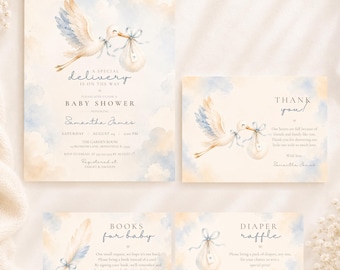 Puede incluir: Un conjunto de papelería para baby shower con ilustraciones en acuarela de una cigüeña cargando un bulto. Las tarjetas incluyen texto para una invitación, una nota de agradecimiento, una solicitud de libro y una rifa de pañales, sobre un fondo de nubes azul y crema.