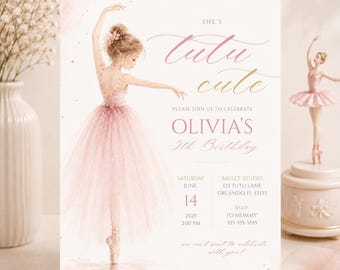 Puede incluir: Una invitación de cumpleaños rosa y blanca con una ilustración de bailarina. El texto dice "She's tutu cute" e invita a los invitados al 5º cumpleaños de Olivia el 14 de junio de 2025 a las 14:00. La invitación incluye la dirección del Ballet Studio.
