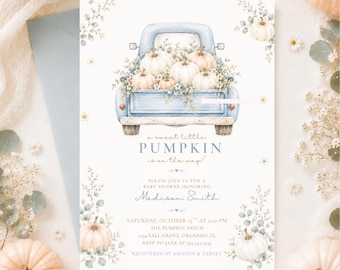 Puede incluir: Una tarjeta de invitación para baby shower blanca con una ilustración en acuarela de una camioneta azul claro llena de calabazas blancas y vegetación. El texto dice: a sweet little PUMPKIN is on the way! PLEASE JOIN US FOR A BABY SHOWER HONORING Madison Smith SATURDAY, OCTOBER 11TH AT 2:00 PM THE PUMPKIN PATCH 1234 FALL GROVE, ORLANDO, FL RSVP TO JANE AT 555-555-5555 REGISTERED AT AMAZON & TARGET.