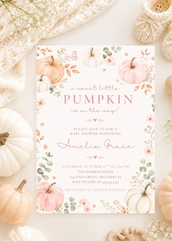 Pumpkin Baby Shower Invitation, Sweet Little Pumpkin Invite, Editable Canva Template, Fall Baby Shower, Printable (Digital Download)