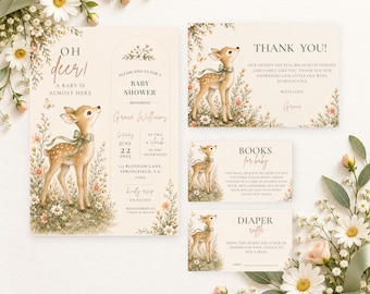 Puede incluir: Un juego de invitaciones para baby shower con una ilustración de un cervatillo, detalles florales y textos como Oh deer! A baby is almost here, Thank you!, Books for baby y Diaper raffle, impreso en cartulina crema con tonos marrones y verdes.