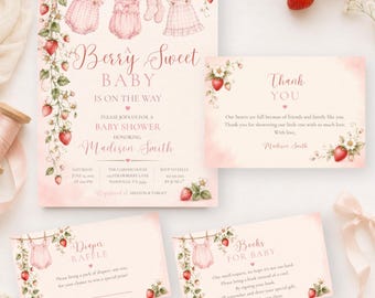 Puede incluir: Un conjunto de invitaciones para baby shower con temática de fresas en rosa y blanco, con ilustraciones de ropa de bebé en un tendedero. El texto incluye Berry Sweet Baby, Thank You, Diaper Raffle y Books for Baby con detalles florales.
