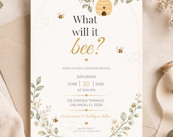 Puede incluir: Invitación a la revelación de género con tema de abeja. La invitación presenta el texto "What will it bee?" en escritura dorada, junto con los detalles del evento, incluyendo la fecha, hora y lugar. El diseño incluye ilustraciones de abejas, una colmena y acentos florales.