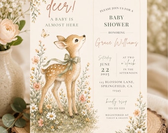 Puede incluir: Una tarjeta de invitación para baby shower de color crema con una ilustración en acuarela de un cervatillo con una cinta verde, rodeado de flores silvestres y una mariposa. El texto dice: Oh deer! A baby is almost here, Please join us for a baby shower honoring Grace Williams, Saturday June 22 2025 at two o'clock, 123 Blossom Lane, Springfield, CA 12345, kindly RSVP 333-333-3333, registered at Target & Amazon.