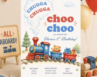 Puede incluir: Una tarjeta de invitación de cumpleaños rectangular con una ilustración en acuarela de un tren de vapor azul y rojo sobre vías. El texto dice CHUGGA CHUGGA choo choo ALL ABOARD FOR Oliver's 3rd Birthday, junto con los detalles del evento.