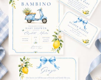 Puede incluir: Un conjunto de invitaciones para baby shower con ilustraciones en acuarela de un scooter azul claro, limones amarillos y flores blancas. Las tarjetas incluyen texto como Ciao Bambino, Books for Baby, Diaper Raffle y Grazie, con lazos azules.