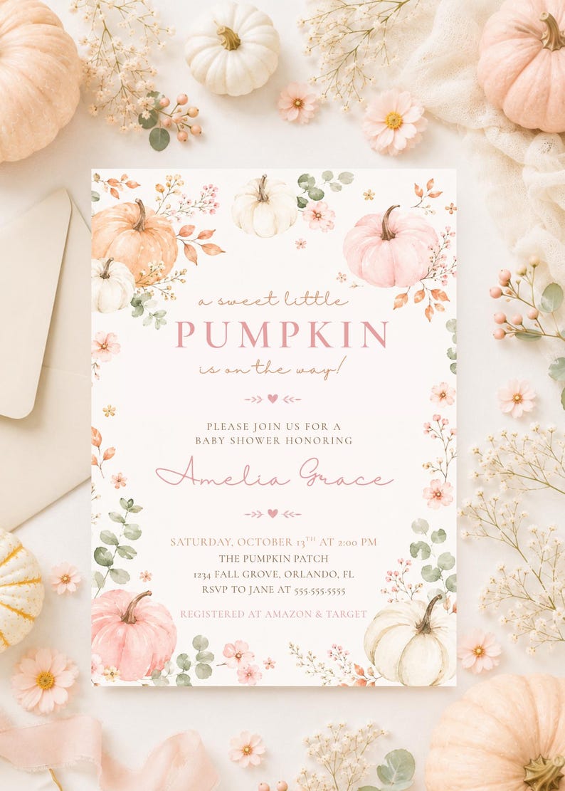 May include: A rectangular baby shower invitation card featuring watercolor illustrations of pale pink and white pumpkins, autumn leaves, and small flowers. The text reads: a sweet little PUMPKIN is on the way! PLEASE JOIN US FOR A BABY SHOWER HONORING Amelia Grace SATURDAY, OCTOBER 13TH AT 2:00 PM THE PUMPKIN PATCH 1234 FALL GROVE, ORLANDO, FL RSVP TO JANE AT 555-555-5555 REGISTERED AT AMAZON & TARGET.