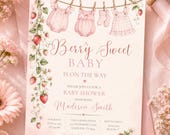 Berry Sweet Baby Shower Invitation, Strawberry Invite, Pink Gingham, Watercolor Berries (Digital Download)