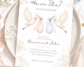 Puede incluir: Una tarjeta de invitación para revelación de género con dos cigüeñas blancas que llevan paquetes rosa y azul. El texto dice: He or She? IT'S UP IN THE AIR! Please join us for a gender reveal honoring Olivia and Jake. SÁBADO 14 DE JUNIO DE 2025.