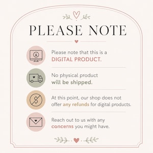 May include: A digital product information sign with a pink arched border, featuring the text PLEASE NOTE, followed by four circular icons representing a computer, a delivery truck, a dollar sign with a slash, and an envelope with a heart.