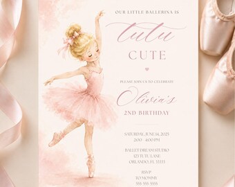 Puede incluir: Una tarjeta de invitación rectangular con una ilustración en acuarela de una joven bailarina con un tutú rosa. El texto dice: OUR LITTLE BALLERINA IS TUTU CUTE, PLEASE JOIN US TO CELEBRATE Olivia's 2ND BIRTHDAY, SATURDAY, JUNE 14, 2025, 2:00-4:00 PM, BALLET DREAM STUDIO, 123 TUTU LANE, ORLANDO, FL 33333, RSVP TO MOMMY 555 555 5555.