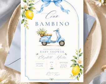 Puede incluir: Invitación a baby shower con ilustración de scooter azul, limones y detalles florales. El texto "Ciao Bambino" está presente, junto con los detalles del evento, como la fecha, la hora y la información de RSVP.
