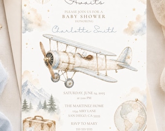 Adventure Awaits Baby Shower Invitation, Vintage Airplane Baby Shower Invite, Travel Theme Canva Editable Template (Digital Download)