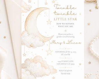 Puede incluir: Una tarjeta de invitación rectangular con una media luna y nubes en acuarela en tonos beige suaves, acentuada con estrellas doradas. El texto dice: Twinkle twinkle LITTLE STAR, HOW WE WONDER WHAT YOU ARE, Please join us for a gender reveal honoring Mary & Lucas, SATURDAY, JUNE 14, 2025 AT 2:00 PM, 1234 STARRY LANE SAN DIEGO, CA 33333, RSVP TO JOAN 555-555-5555.
