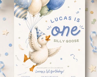 Puede incluir: Una tarjeta de invitación de cumpleaños con una ilustración en acuarela de un patito blanco con un gorro de fiesta azul de lunares, sosteniendo globos azules, crema y verdes. El texto dice: Lucas is one, Silly Goose, Lucas's 1st Birthday!