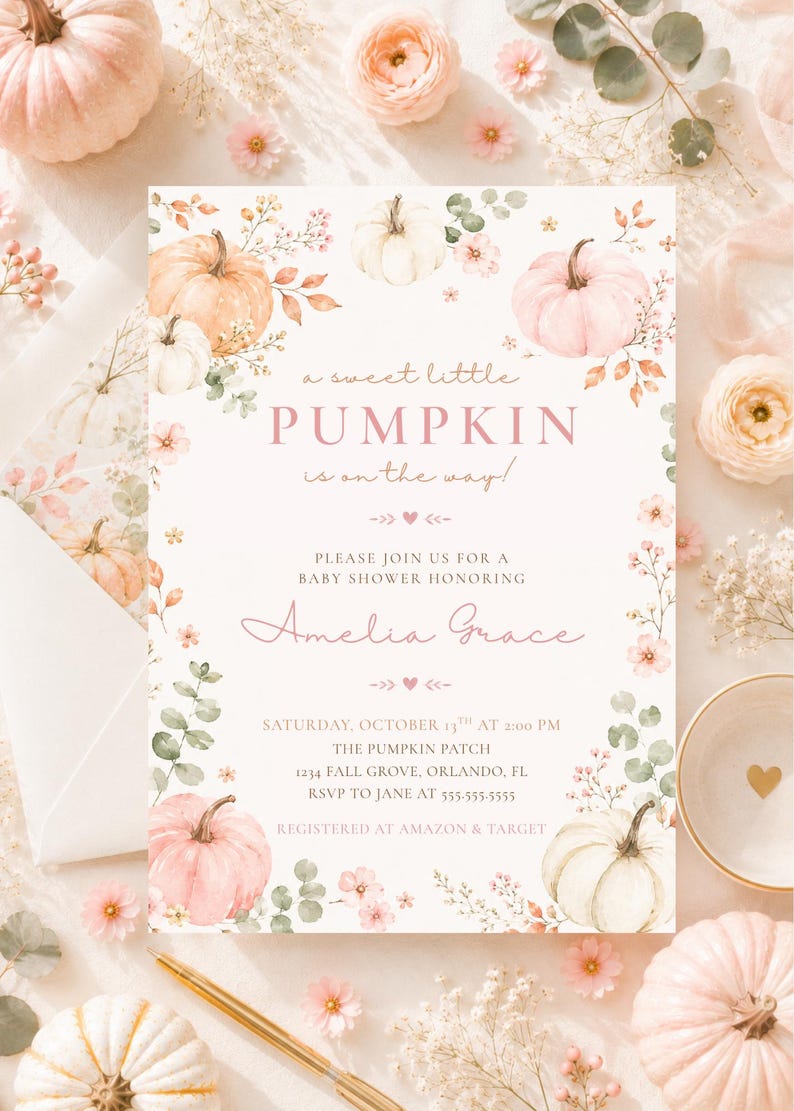 May include: A rectangular baby shower invitation card featuring watercolor illustrations of pink and white pumpkins, green eucalyptus leaves, and small pink flowers. The text reads: a sweet little PUMPKIN is on the way! PLEASE JOIN US FOR A BABY SHOWER HONORING Amelia Grace SATURDAY, OCTOBER 13TH AT 2:00 PM THE PUMPKIN PATCH 1234 FALL GROVE, ORLANDO, FL RSVP TO JANE AT 555-555-5555 REGISTERED AT AMAZON & TARGET.