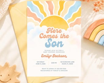Puede incluir: Una tarjeta de invitación rectangular para baby shower con un sol amarillo con rayos ondulados en tonos pastel naranja, amarillo y azul sobre nubes blancas. El texto dice Here Comes the Son, Please join us for a baby shower honoring Emily Jackson, Saturday June 14, 2025, 2:00 PM, 123 Sunshine Lane Miami, FL 33333, RSVP to Jenna at 555.555.5555, Registered at Target & Amazon.