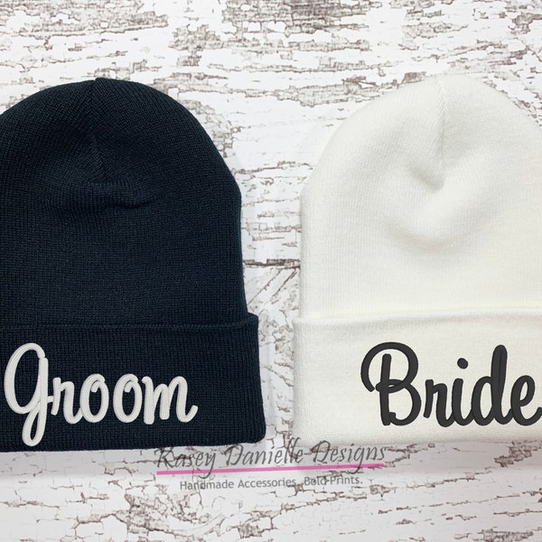 Bride and Groom Embroidered Beanies, Knit Wedding Beanie, Black and White Newlywed Beanie,  Husband and Wife, Trendy Aesthetic Beanie