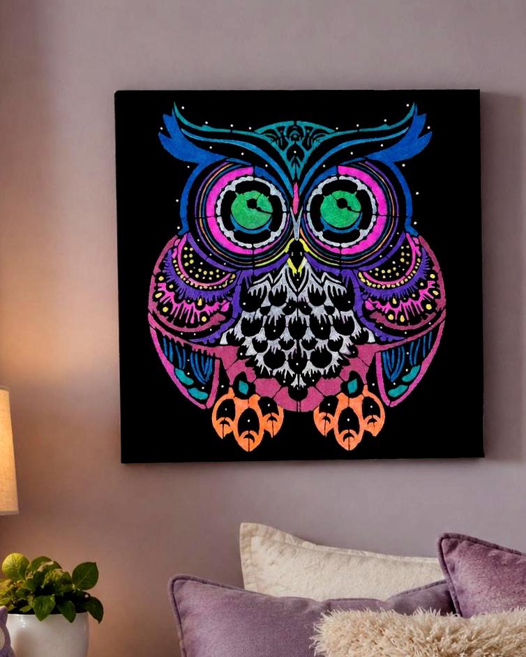 Mandala Owl Painting on Black Canvas | Whimsical Woodland Wall Art | Original 12x12 Acrylic Owl Deco