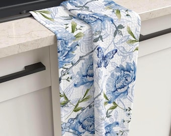 Strofinaccio da cucina - Microfibra blu stile Chinoiserie con pavone / Festa a tema Mahjong / Stampa floreale con farfalle e uccelli