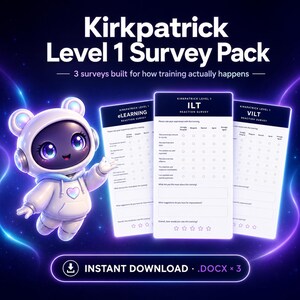 Może przedstawiać: Grafika cyfrowa przedstawiająca kreskówkowego robota trzymającego trzy formularze ankietowe. Formularze są oznaczone jako "Kirkpatrick Level 1 Survey Pack" i zawierają tekst "Instant Download .DOCX x 3". Tło to gradient niebieskiego i fioletowego z świecącymi liniami.